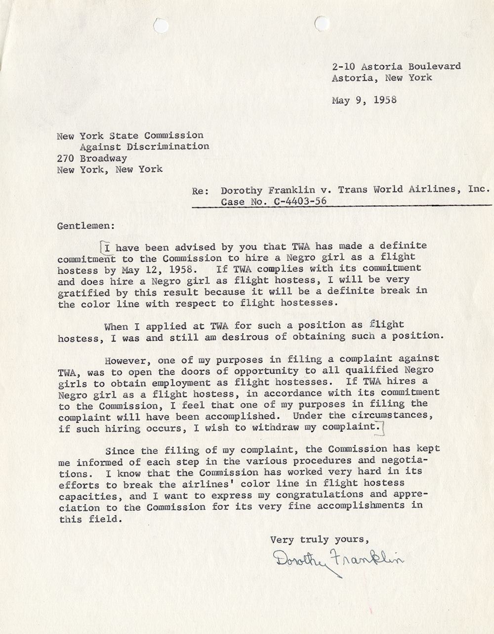 Letter from Dorothy Franklin to the SCAD Office, May 9, 1958 page 1