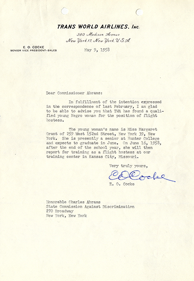 Letter from Trans World Airlines to the New York State Commission Against Discrimination, May 9, 1958 thumbnail page 1