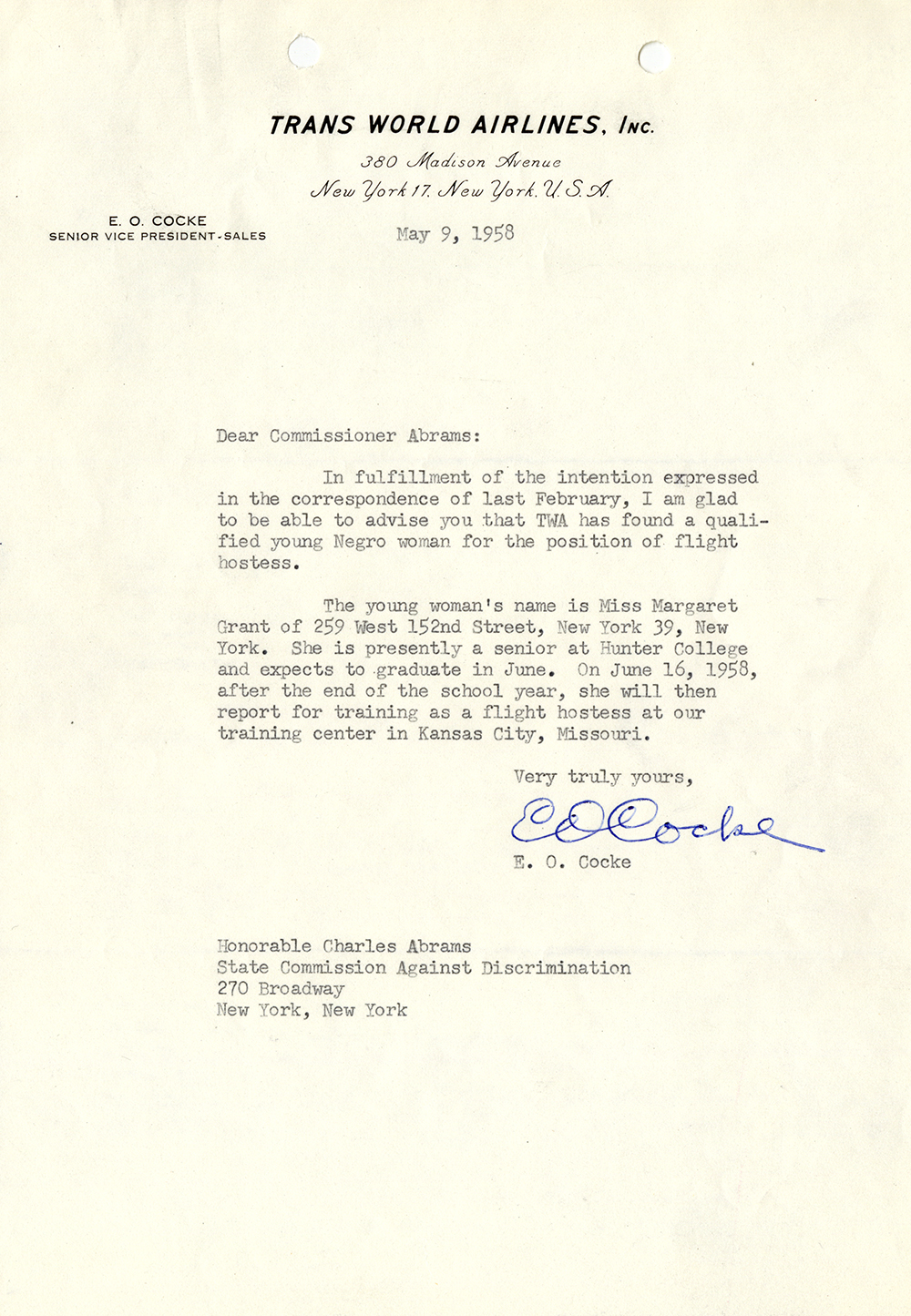 Letter from Trans World Airlines to the New York State Commission Against Discrimination, May 9, 1958 page 1