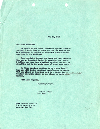 Load Letter from Charles Abrams to Dorothy Franklin, May 12, 1958 in Main Document Viewer