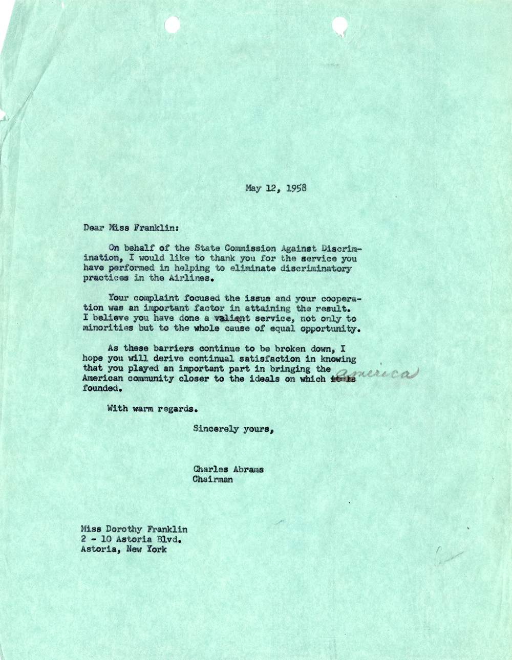 Letter from Charles Abrams to Dorothy Franklin, May 12, 1958 page 1