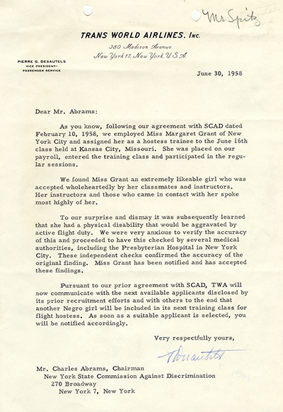 Letter from Trans World Airlines (TWA) to Charles Abrams (SCAD), June 30, 1958 thumbnail page 1