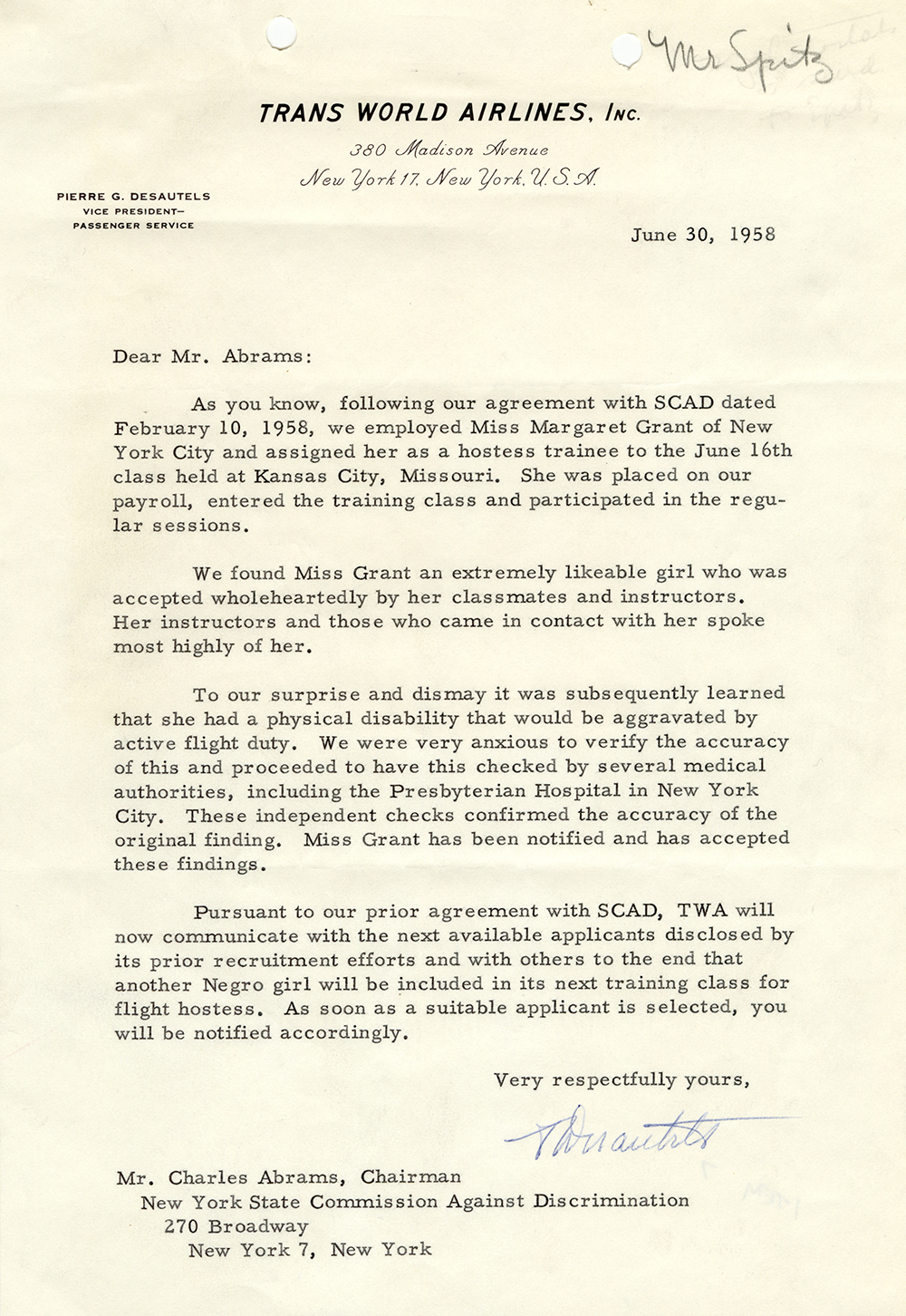 Letter from Trans World Airlines (TWA) to Charles Abrams (SCAD), June 30, 1958 page 1