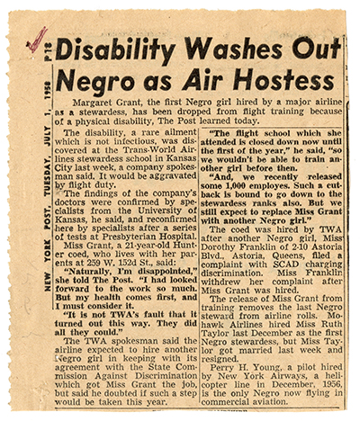 Newspaper Article. "Disability Washes Out Negro as Air Hostess" July 1, 1958 thumbnail page 1