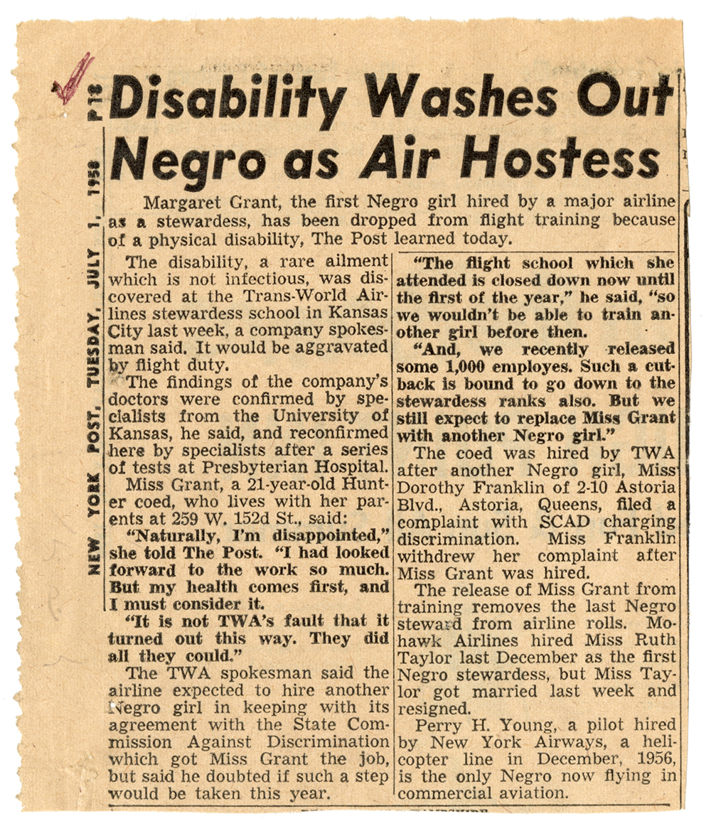Newspaper Article. "Disability Washes Out Negro as Air Hostess" July 1, 1958 page 1