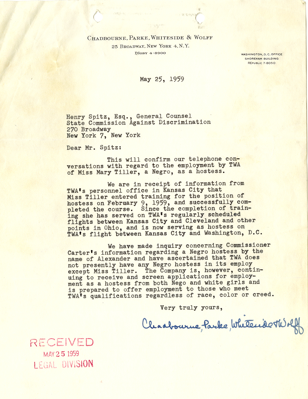 Letter from Attorney to Henry Spitz at SCAD, May 25, 1959 page 1