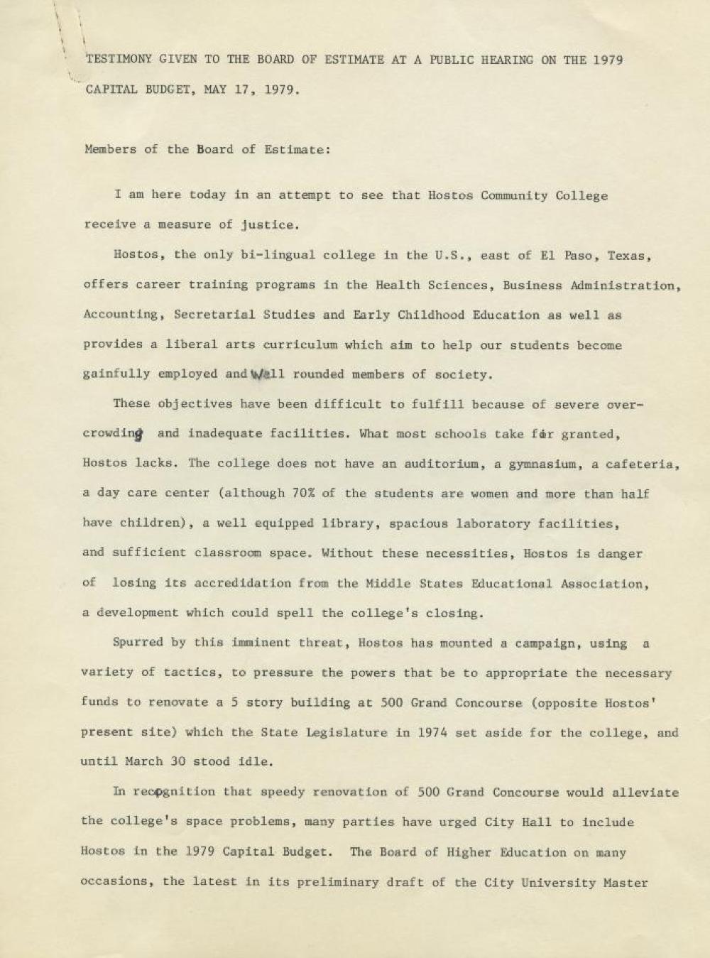 Testimony to the Board about Funding for Renovation of Hostos Community College, 1979 page 1