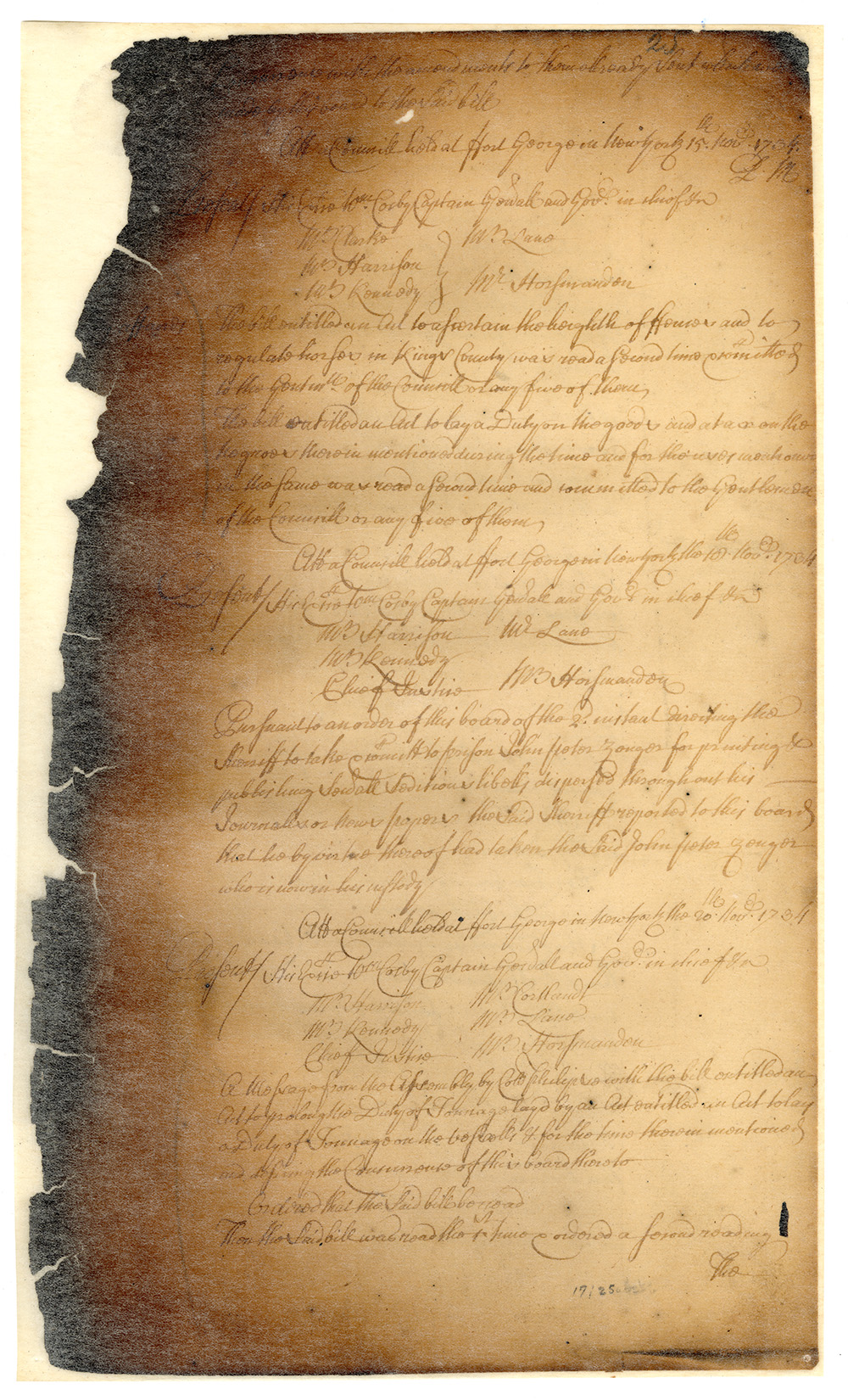 Council Minutes, November 18, 1734, Ordering the Arrest of John Peter Zenger page 1