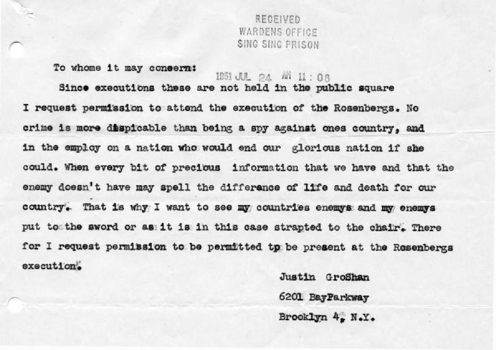 Rosenberg Witness Request, 1951 page 1