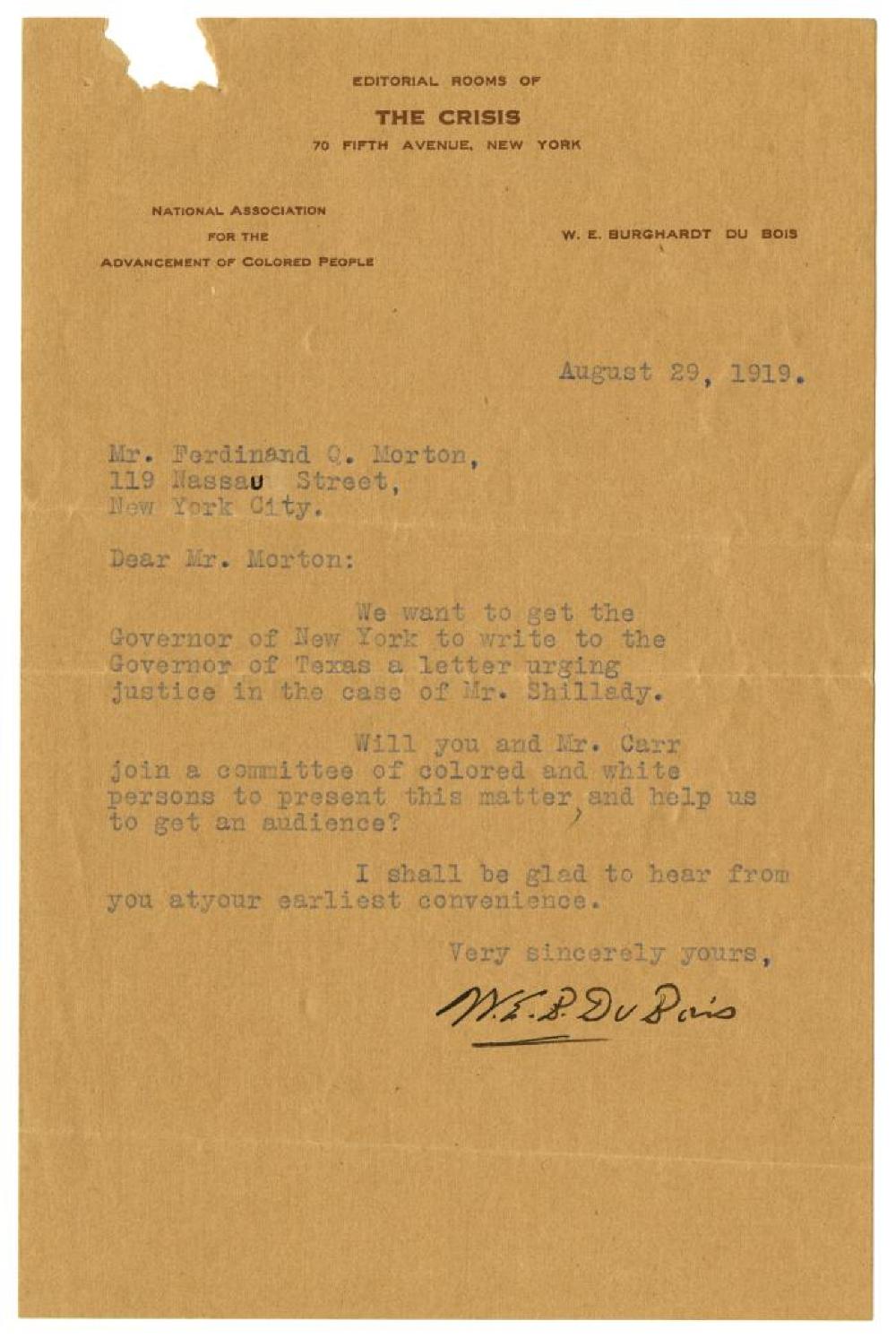 Letter from W.E.B. DuBois to Ferdinand C. Morton,  August 29, 1919 page 1
