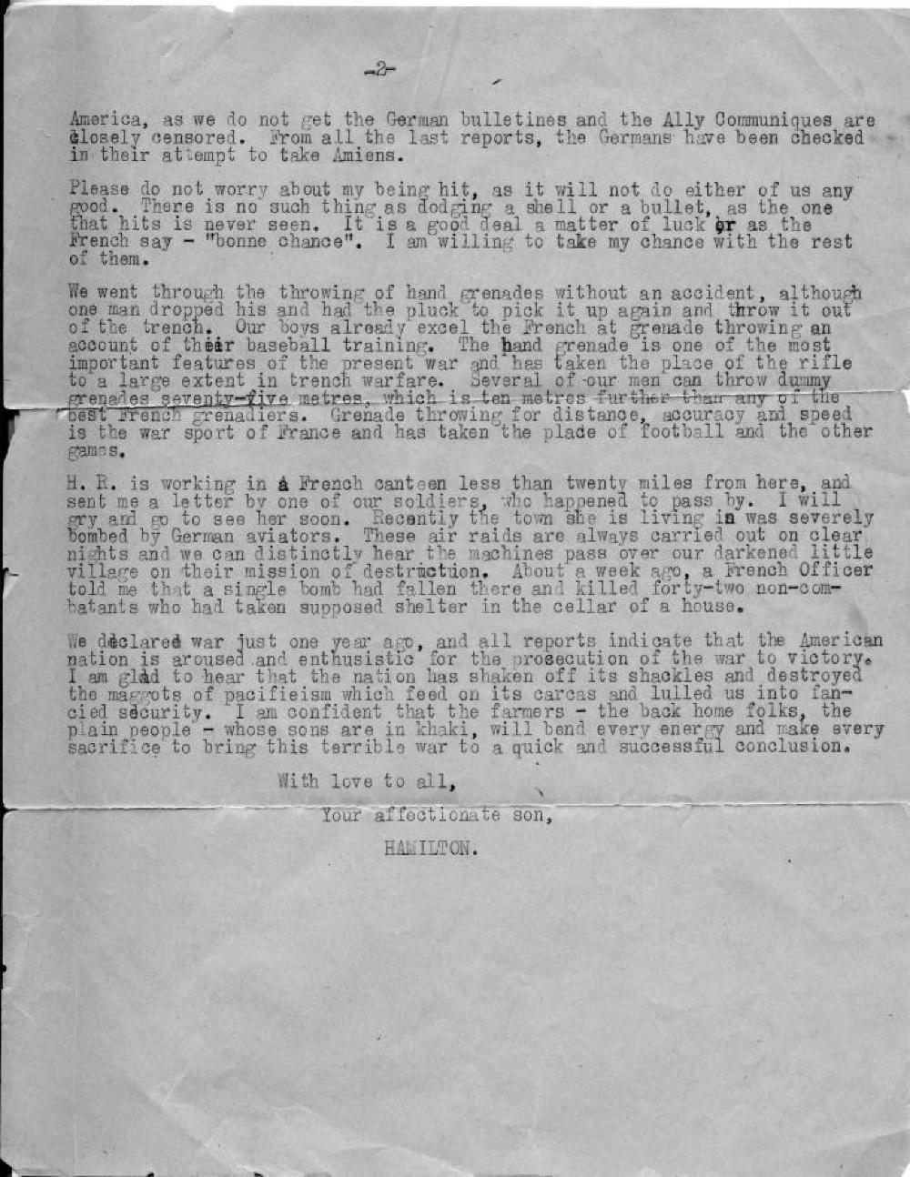 Letter from Hamilton Fish to His Father, April 8, 1918 page 2