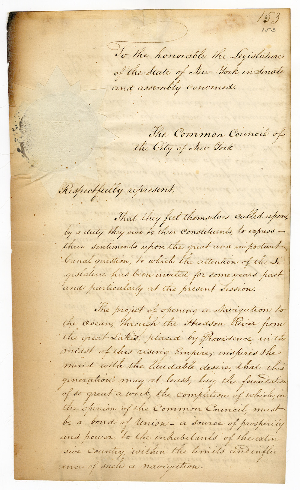 Memorial of the Mayor, Aldermen and Commonalty of the City of New York relative to canals page 1