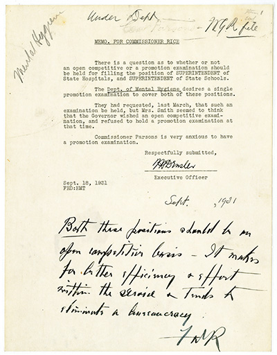 Load Governor Franklin D. Roosevelt Advocates Open Competitive Civil Service Examinations in Main Document Viewer