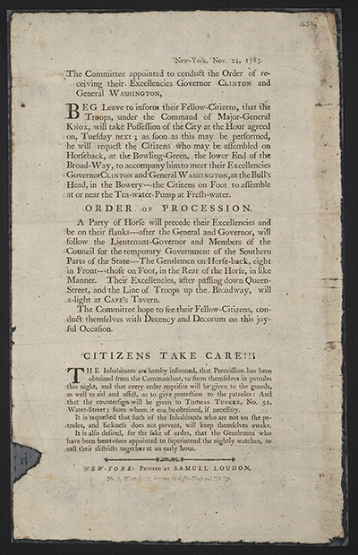 New-York, Nov. 24, 1783 : The committee appointed to conduct the order of receiving their excellencies Governor Clinton and General Washington thumbnail page 1