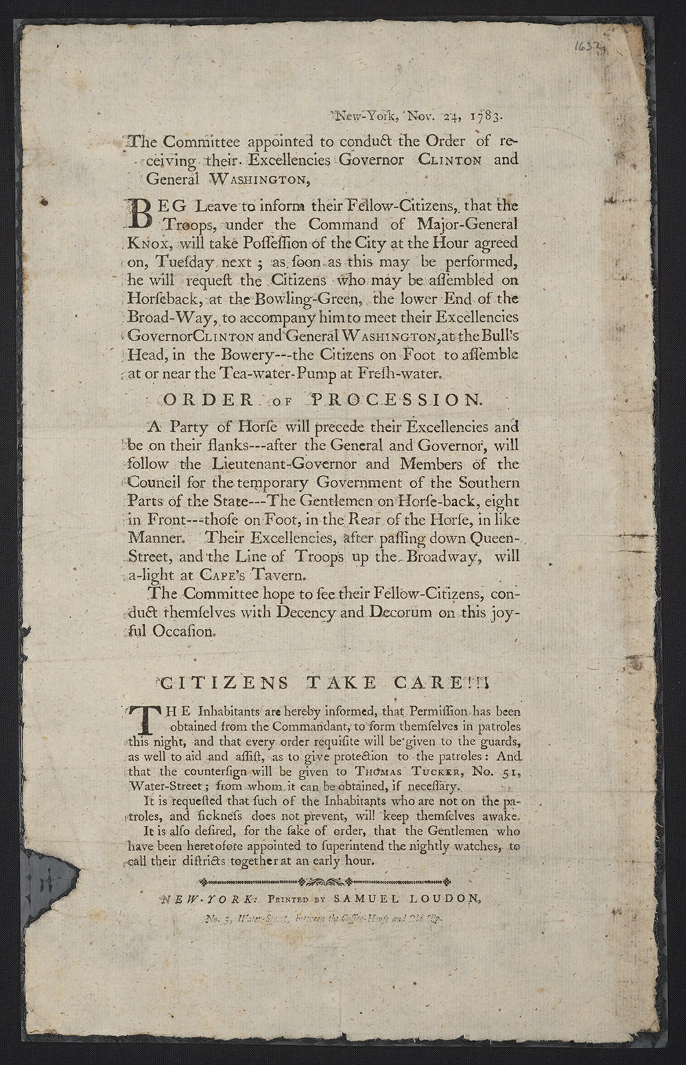 New-York, Nov. 24, 1783 : The committee appointed to conduct the order of receiving their excellencies Governor Clinton and General Washington page 1