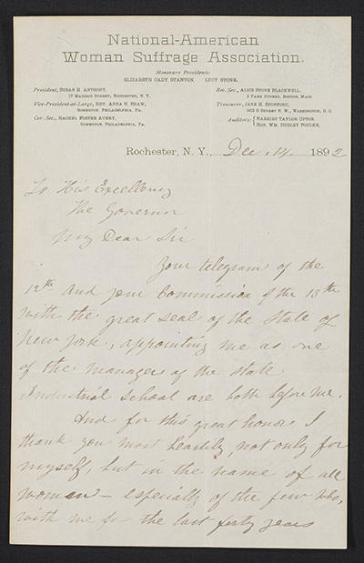 Letter to Roswell P. Flower from Susan B. Anthony: manuscript, December 14, 1892 thumbnail page 1