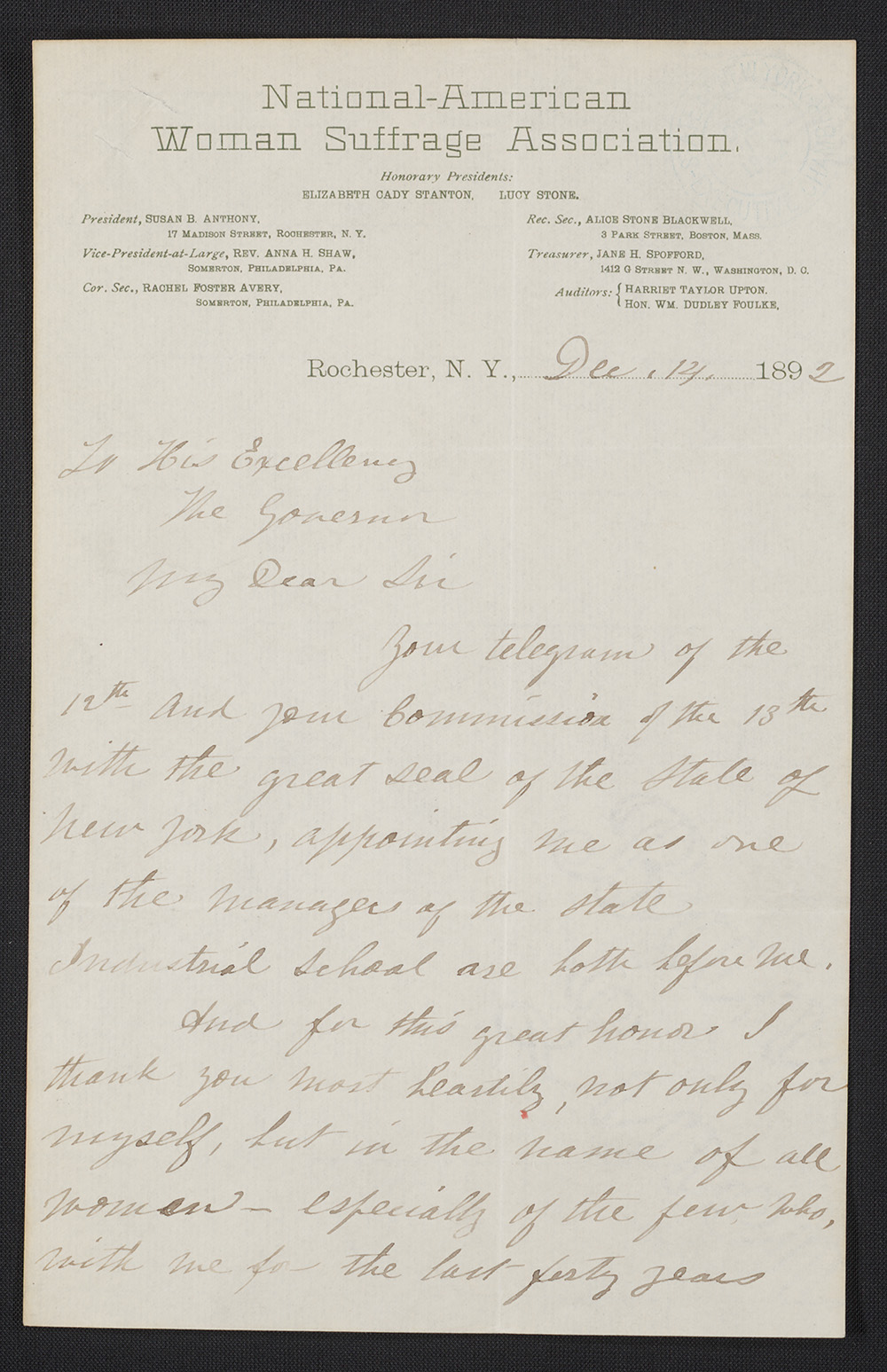 Letter to Roswell P. Flower from Susan B. Anthony: manuscript, December 14, 1892 page 1