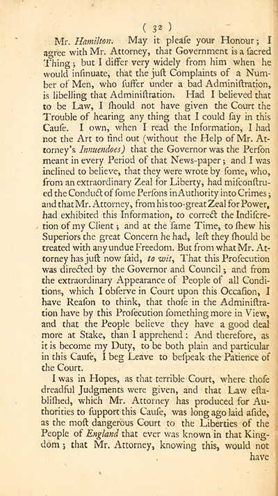 The trial of John Peter Zenger, of New-York, printer, who was tried and acquitted, for printing and publishing a libel against the government : with the pleadings and arguments on both sides thumbnail page 36