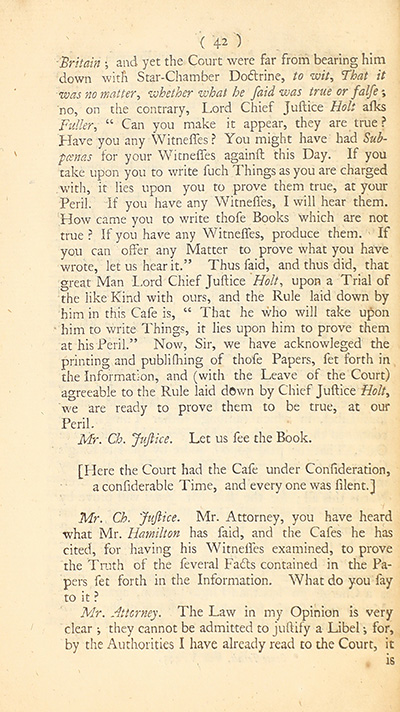 The trial of John Peter Zenger, of New-York, printer, who was tried and acquitted, for printing and publishing a libel against the government : with the pleadings and arguments on both sides thumbnail page 46