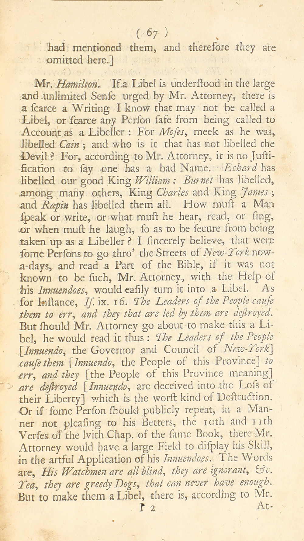The trial of John Peter Zenger, of New-York, printer, who was tried and acquitted, for printing and publishing a libel against the government : with the pleadings and arguments on both sides page 71