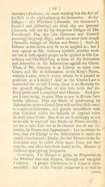The trial of John Peter Zenger, of New-York, printer, who was tried and acquitted, for printing and publishing a libel against the government : with the pleadings and arguments on both sides thumbnail page 72