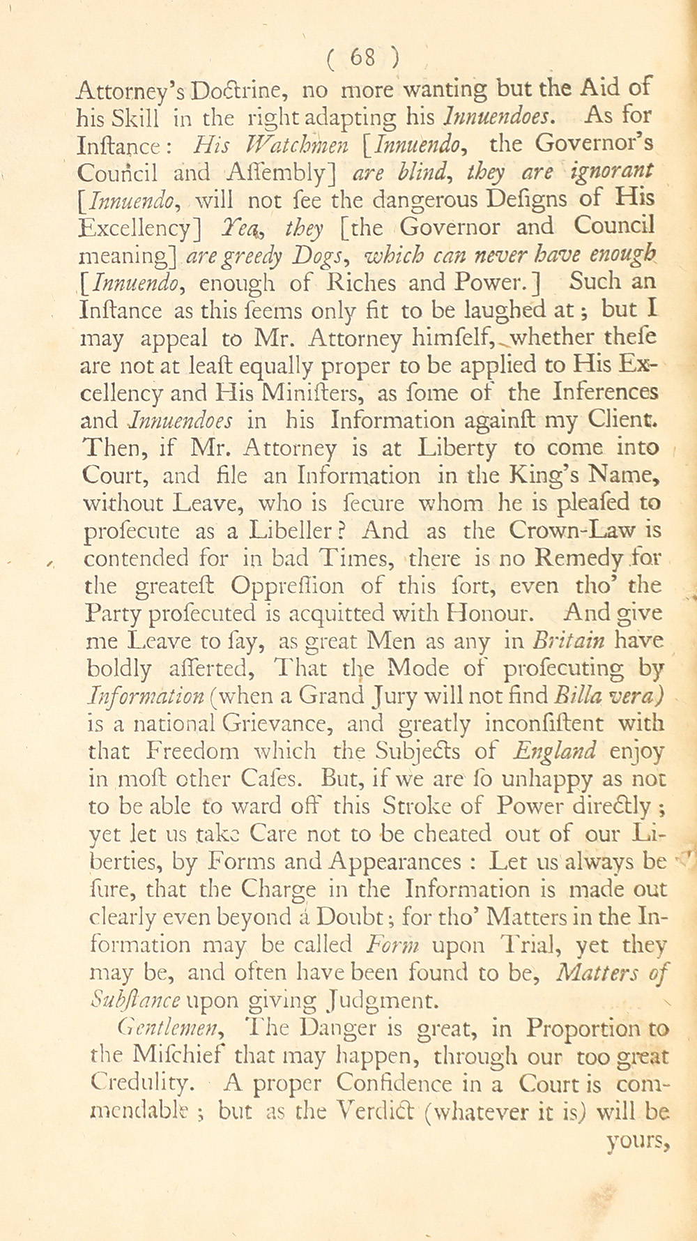 The trial of John Peter Zenger, of New-York, printer, who was tried and acquitted, for printing and publishing a libel against the government : with the pleadings and arguments on both sides page 72