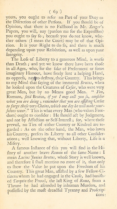 The trial of John Peter Zenger, of New-York, printer, who was tried and acquitted, for printing and publishing a libel against the government : with the pleadings and arguments on both sides thumbnail page 73