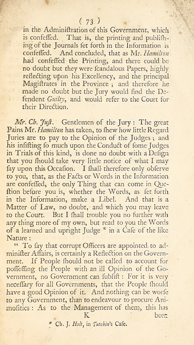 The trial of John Peter Zenger, of New-York, printer, who was tried and acquitted, for printing and publishing a libel against the government : with the pleadings and arguments on both sides thumbnail page 77