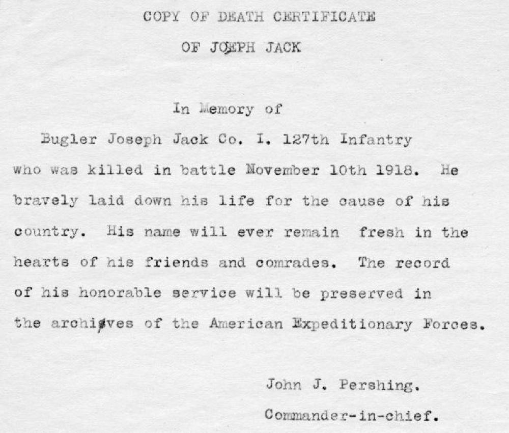 Death Certificate for Joseph Jack, World War I, c. 1918 page 1