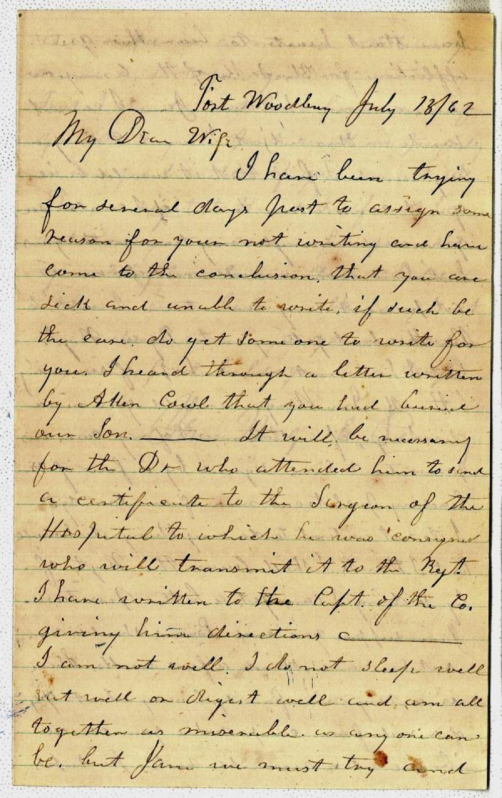 Letter from Elijah Penny to his wife; July 18, 1862 page 1
