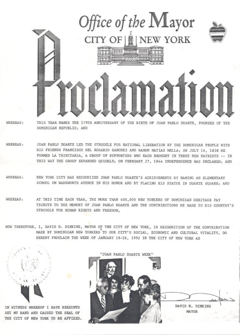 "Juan Pablo Duarte Week" Proclamation, 1992 page 1