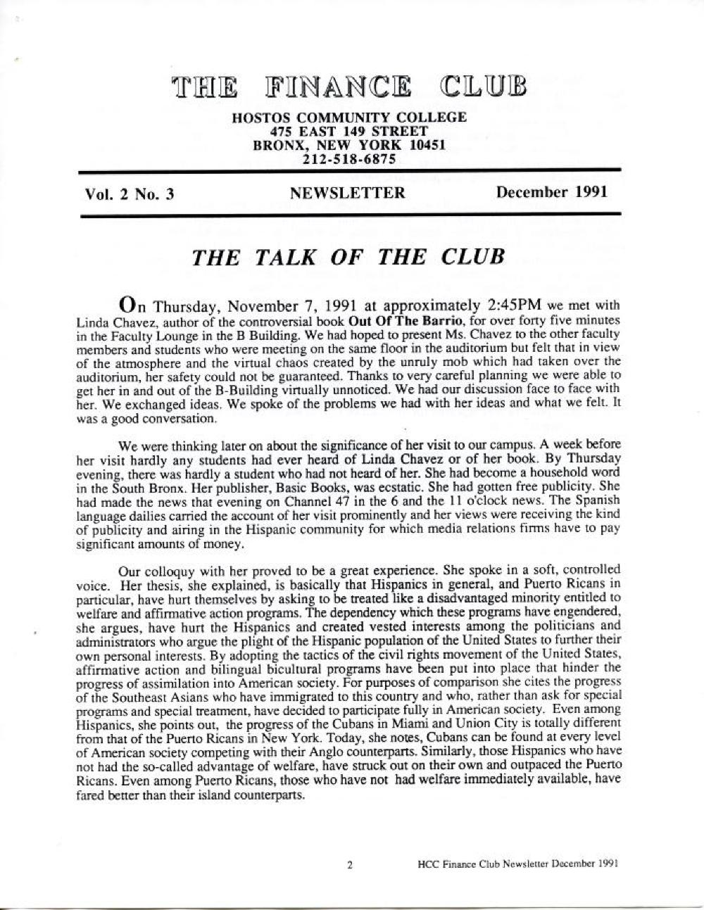 The Finance Club, Hostos Community College Newsletter, "The Talk of the Club" Linda Chavez Visit, 1991 page 1