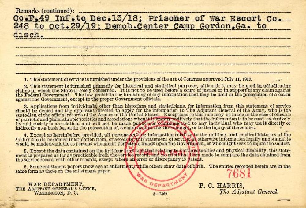 World War I Service Record for Harold Gomez, c.1919 page 2