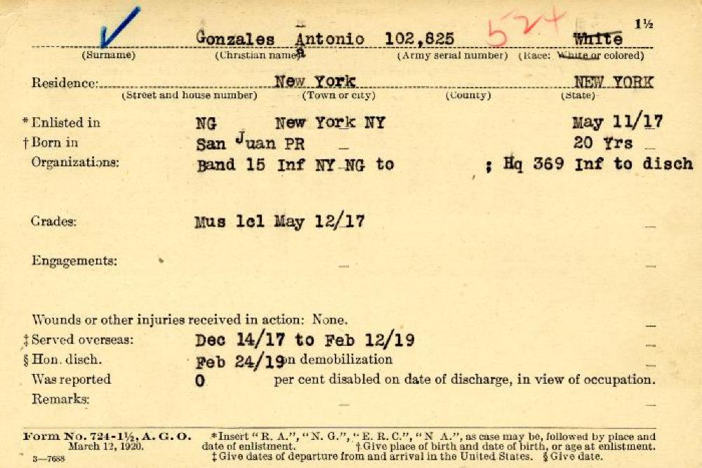 World War I Service Record for Antonio Gonzales, c. 1920 page 1