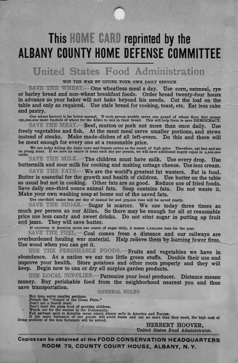 Home Card, World War I Albany County Home Defense Committee, c. 1917 page 1