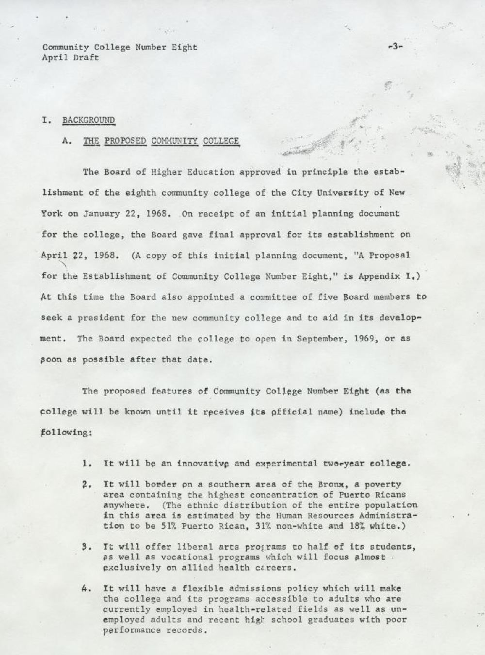 Proposal for the Organization of Community College Number 8 (Hostos Community College), 1969 page 1