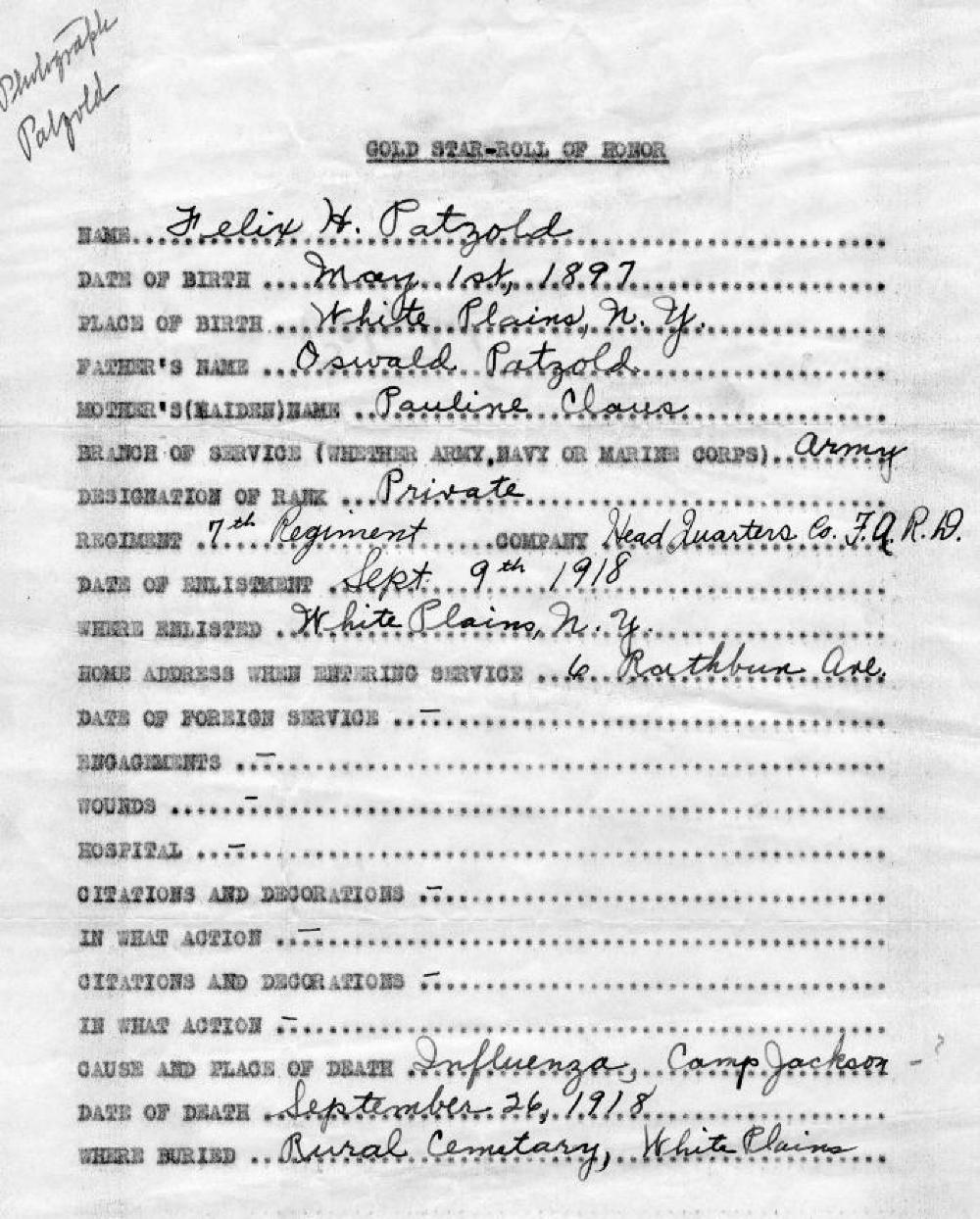 Gold Star Roll of Honor, World War I Service Record for Felix H. Patzold, 1918 page 1