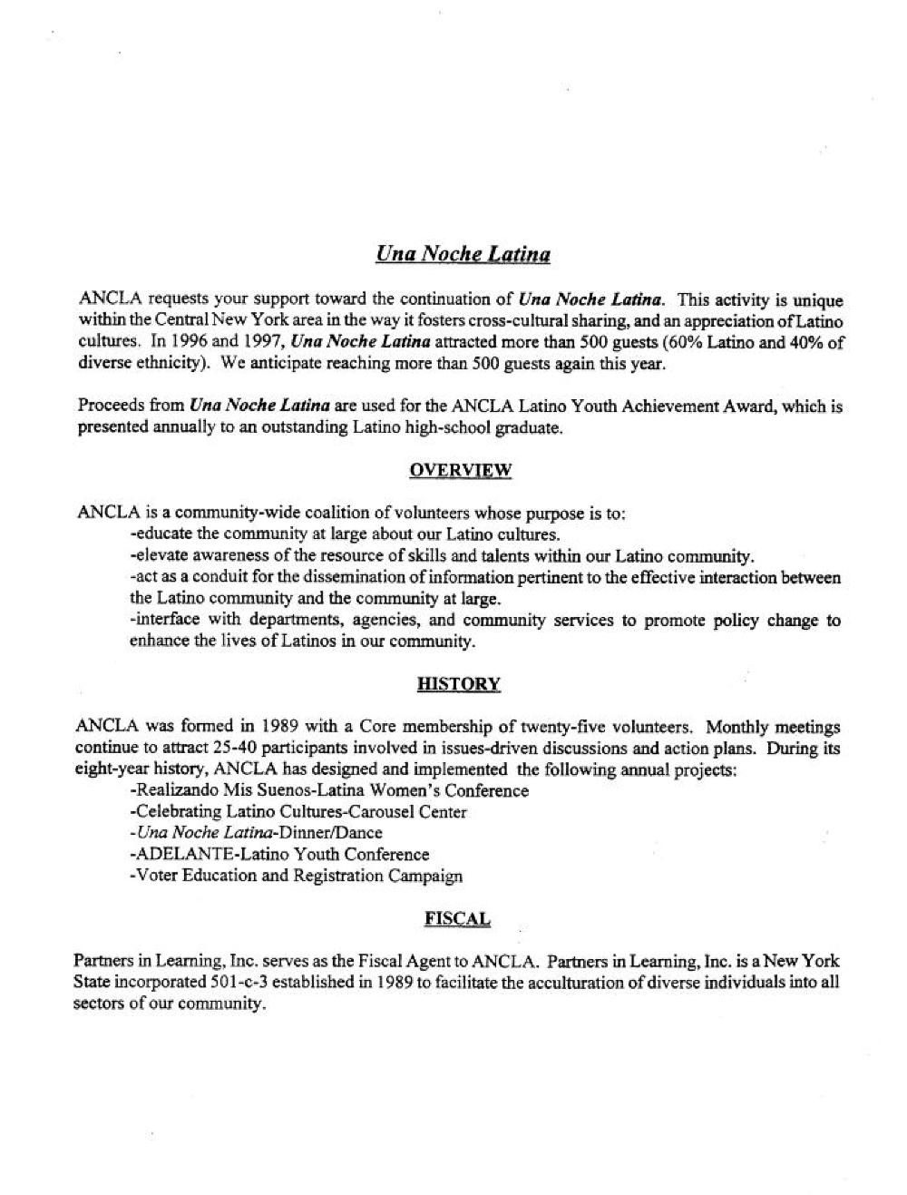 Support "Una Noche Latina," Association of Neighbors Concerned for Latino Advancement (ANCLA), n.d. page 1