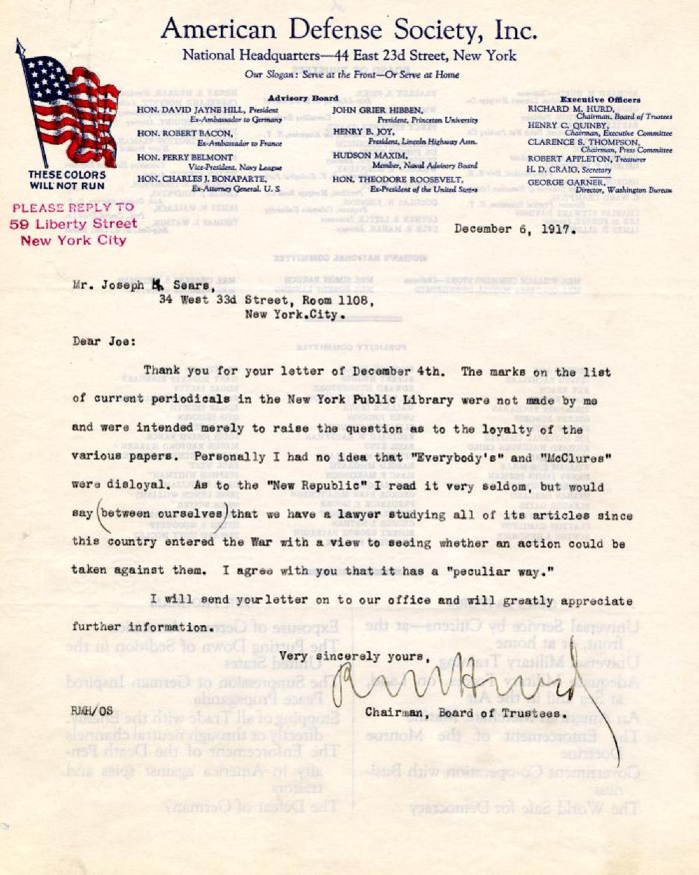 American Defense Society Letter, December 6, 1917 page 1