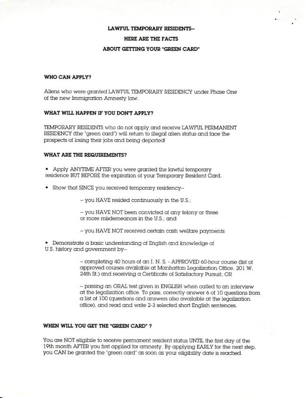 Immigration and Naturalization Service Flyer and Fact Sheet in Six Languages, New York, NY, 1989 page 3