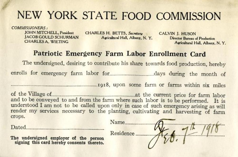 Patriotic Emergency Farm Labor Enrollment Card, 1918 page 1