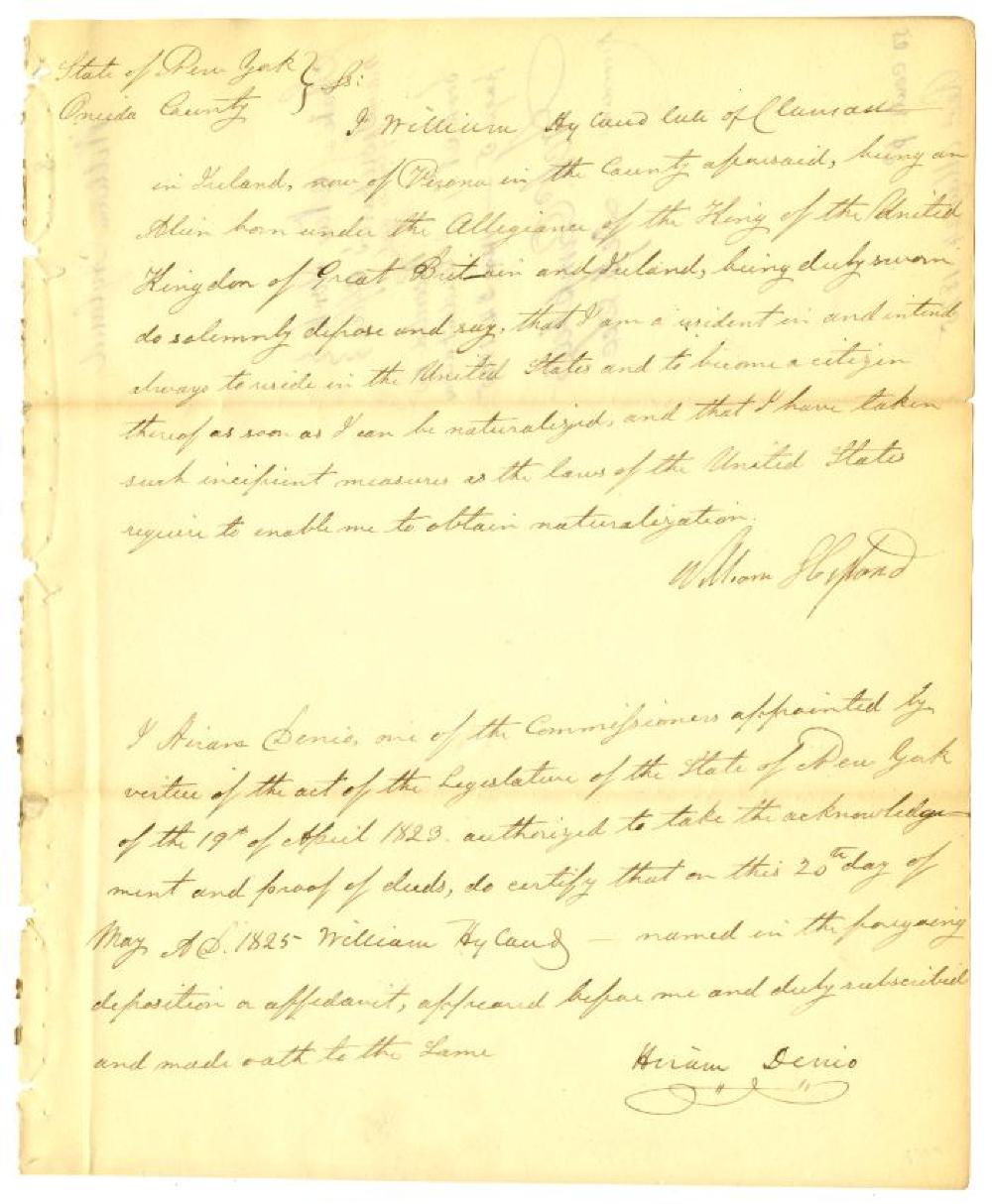 Noncitizen Deposition of Intent to Become Citizen of the United States, William Hyland, 1825 page 1