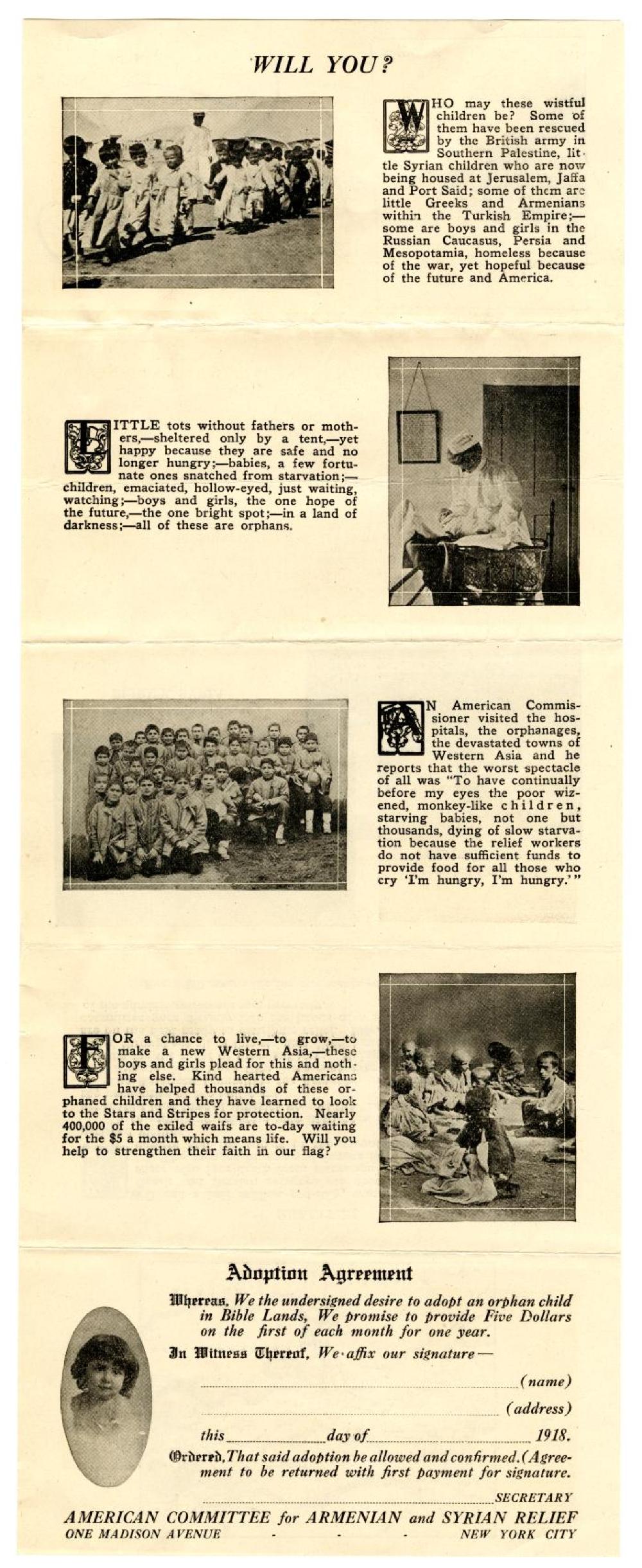 Armenian Relief Pamphlet and Adoption Agreement, July 1918 page 1