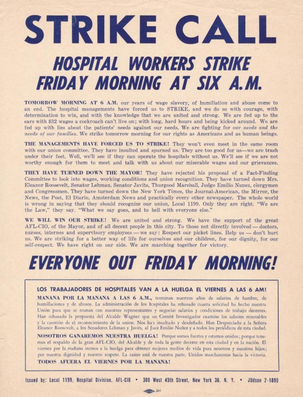 Strike Call, Hospital Workers, May 7, 1959 page 1