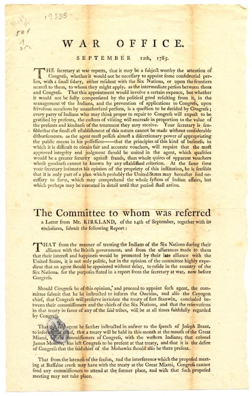 War Office Broadside, Relations with the Six Nations, September 12 and 14, 1785 page 1
