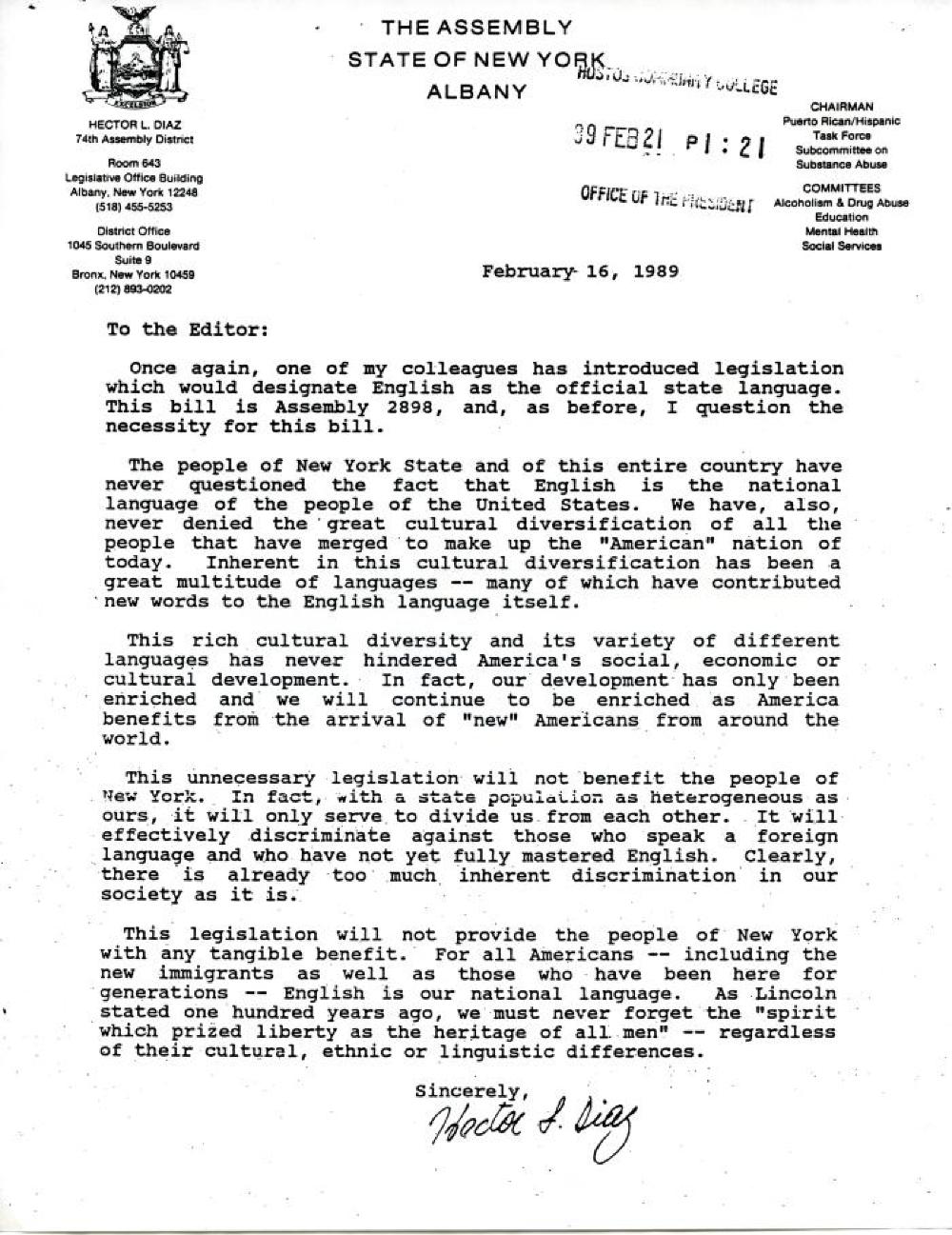 Assemblyman Hector L. Diaz Opposes "English Only" Assembly Bill 2898, February 16, 1989 page 1