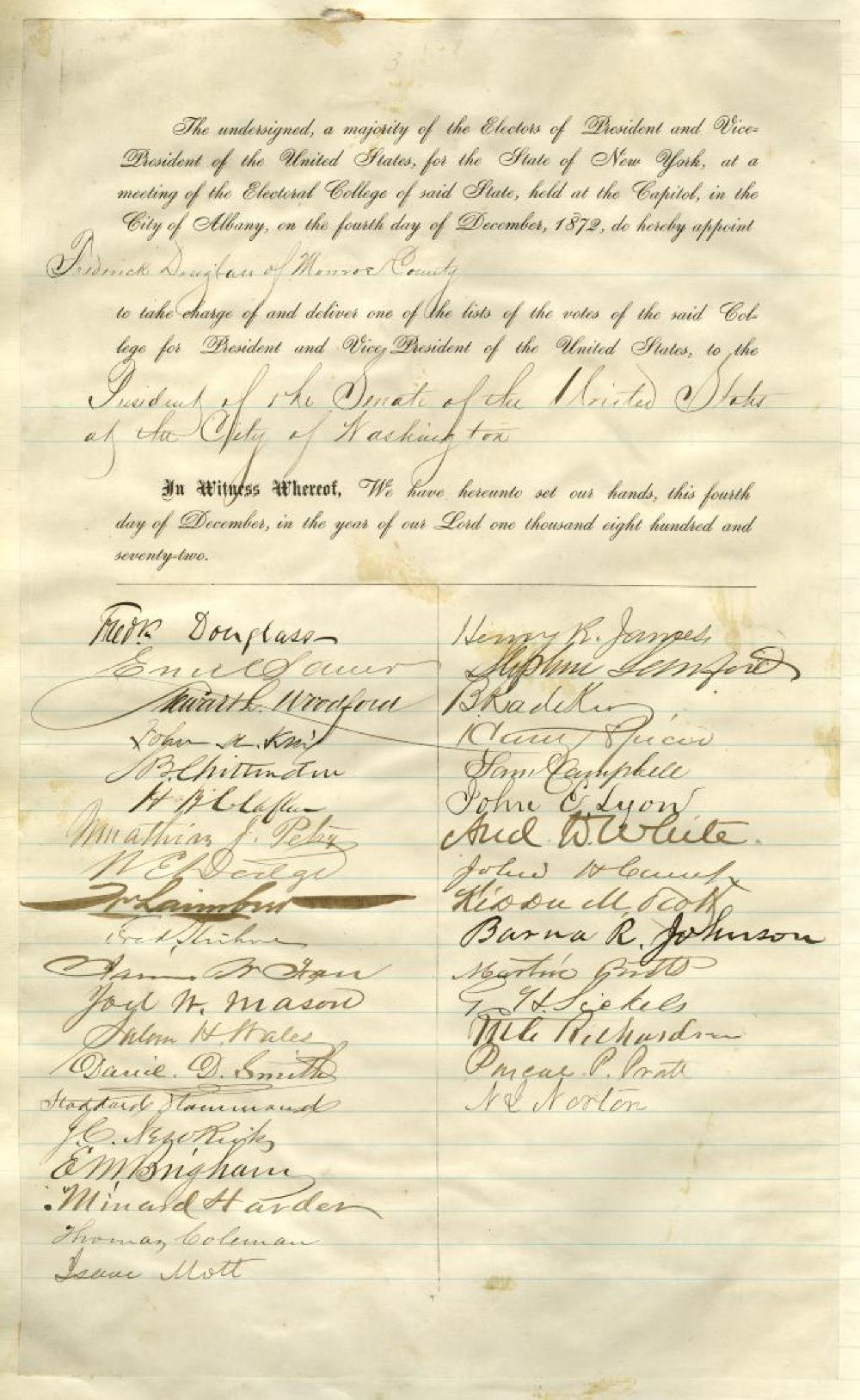 Appointment of Frederick Douglass to Deliver New York Electoral College Votes to U.S. Senate, 1872 page 1