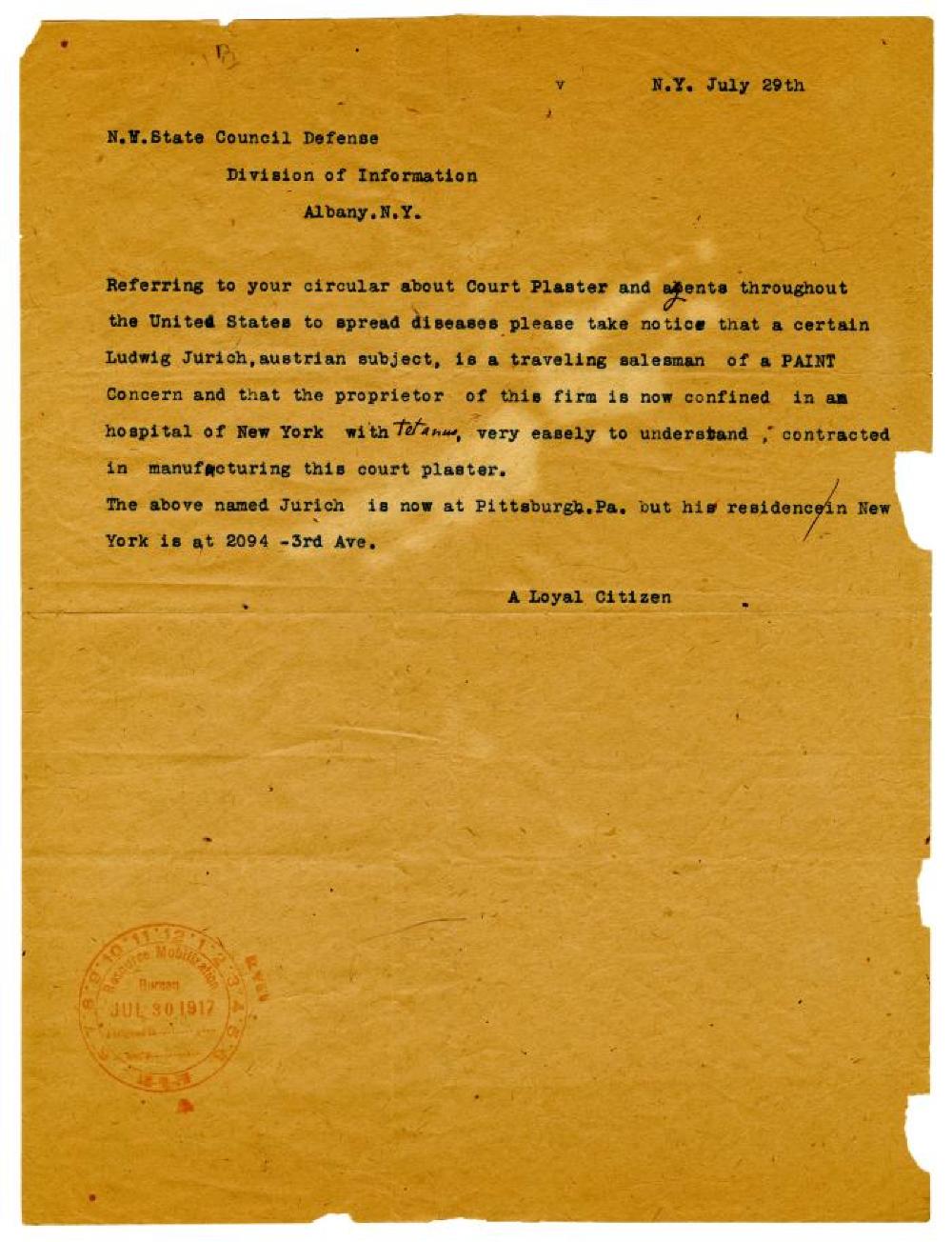 A Letter from "A Loyal Citizen" to the New York State Council of Defense, Division of Information, July 29th, c. 1917 page 2
