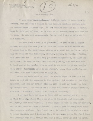 Load Federal Writer's Project Interview, Case #8, with a Male Immigrant from Galicia, Spain, 1939 in Main Document Viewer