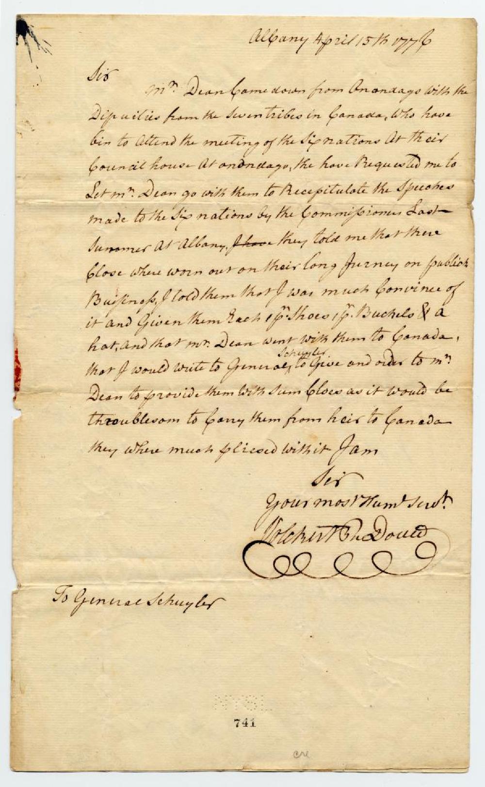 Volckert P. Douw to General Schuyler about Indians from Canada, April 15, 1776 page 1